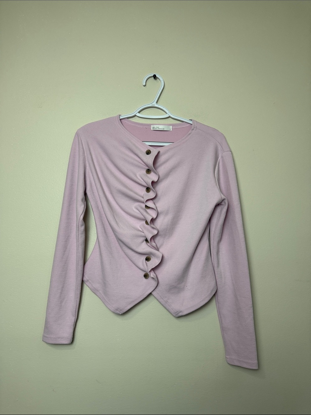 OAK + FORT Light Pink Long-Sleeve Ruffle Button Top size L